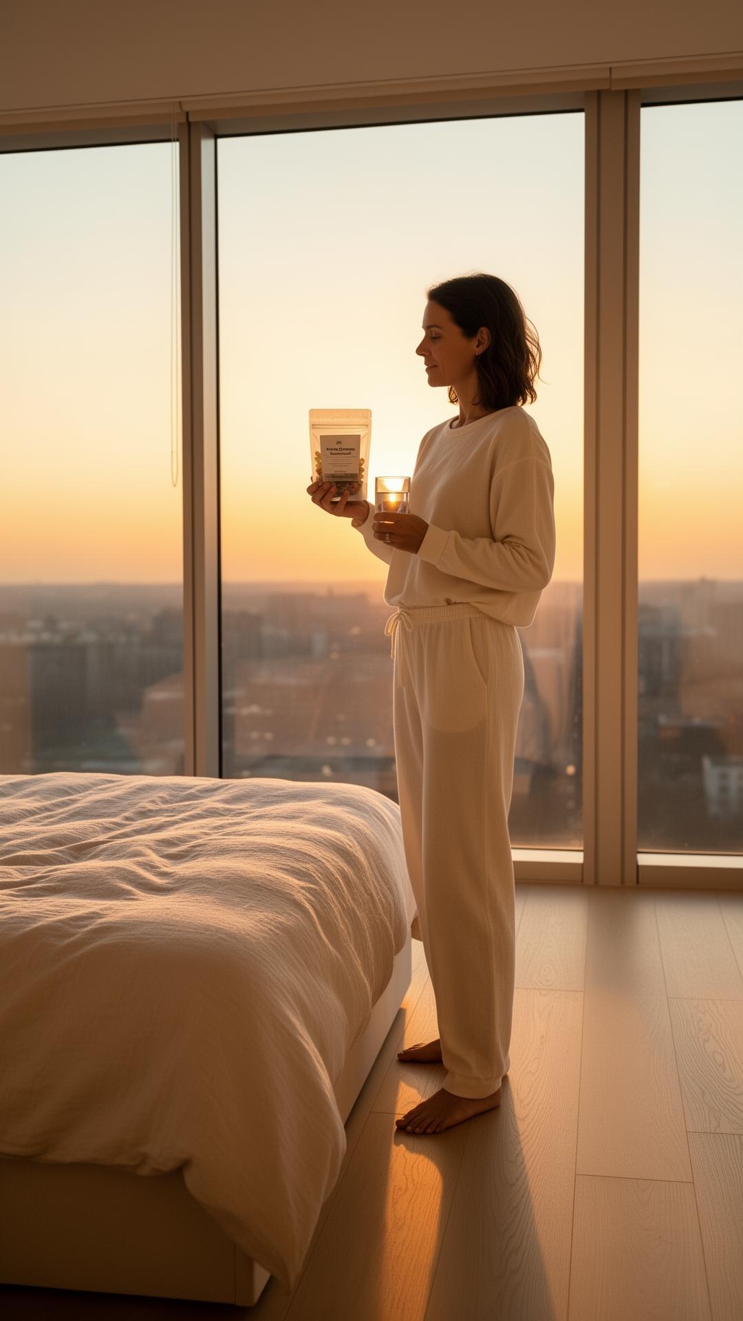 A member starting her morning routine with a personalized ChronoPack sachet by a sunlit window