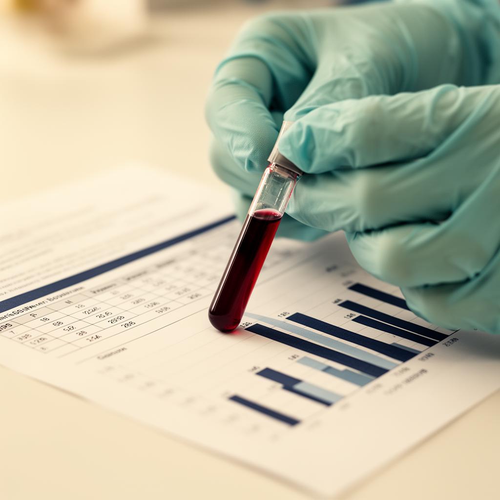 A clinician reviewing a vial of blood against a printed lab report