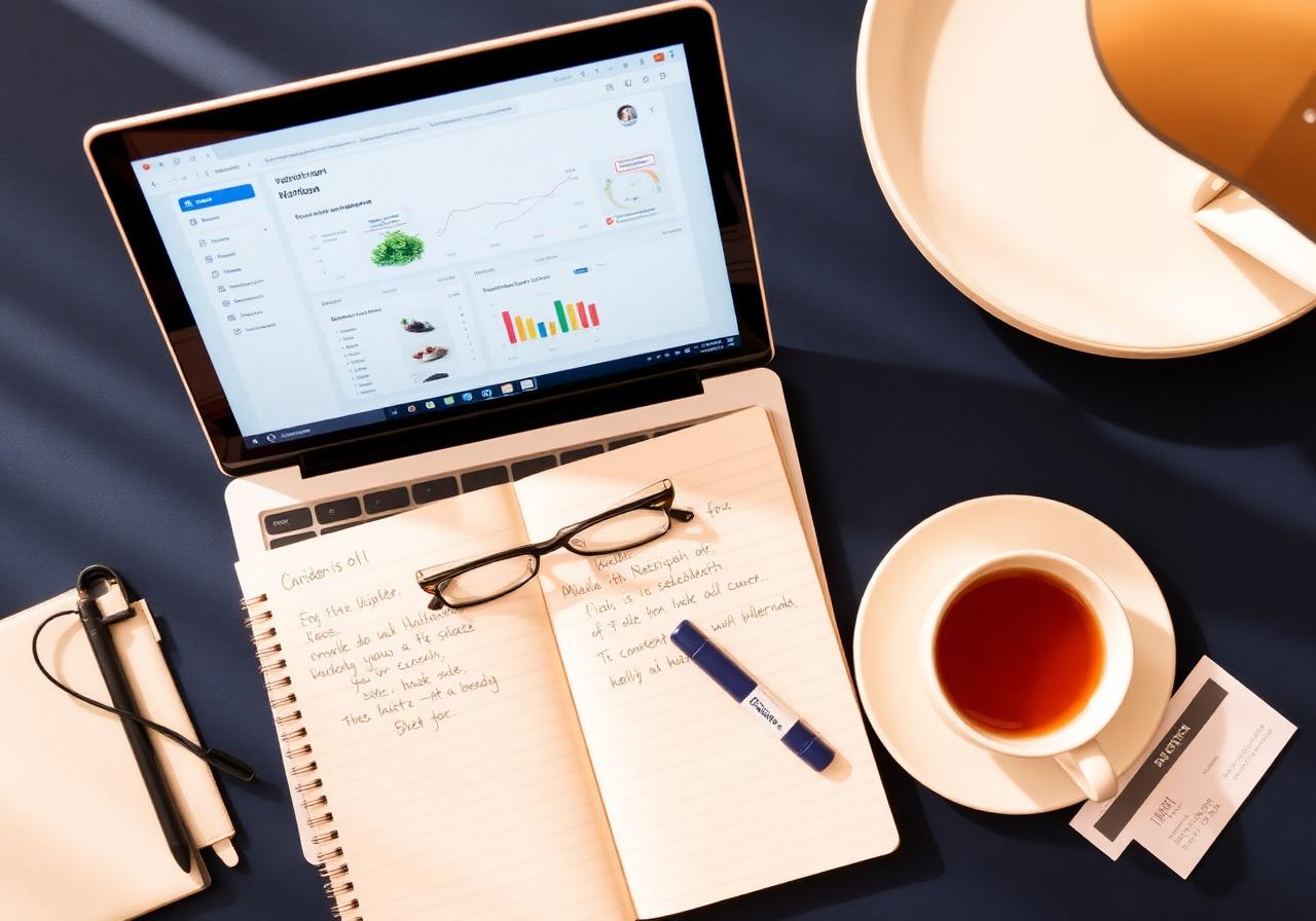 Dietitian's desk with bloodwork notes, laptop dashboard and tea — quarterly protocol review