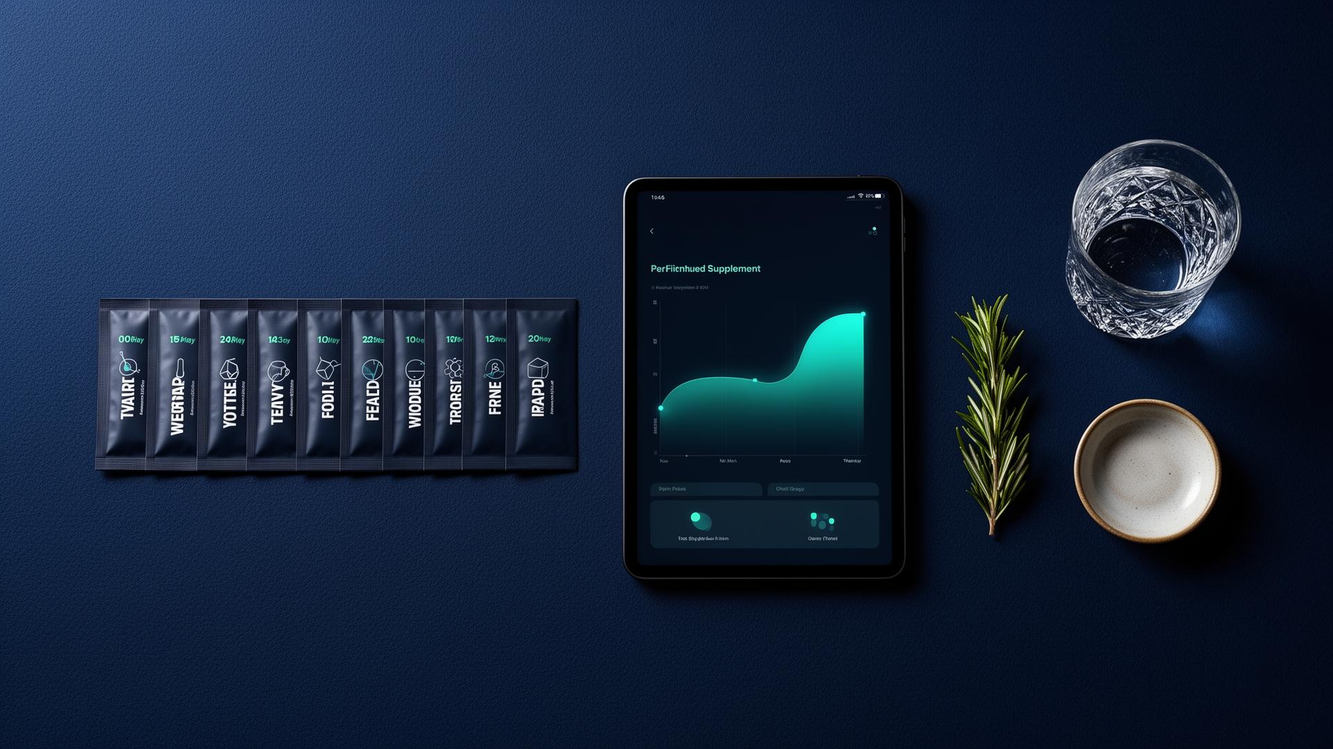 Personalized ChronoPack sachets arranged beside a tablet showing a supplement protocol dashboard