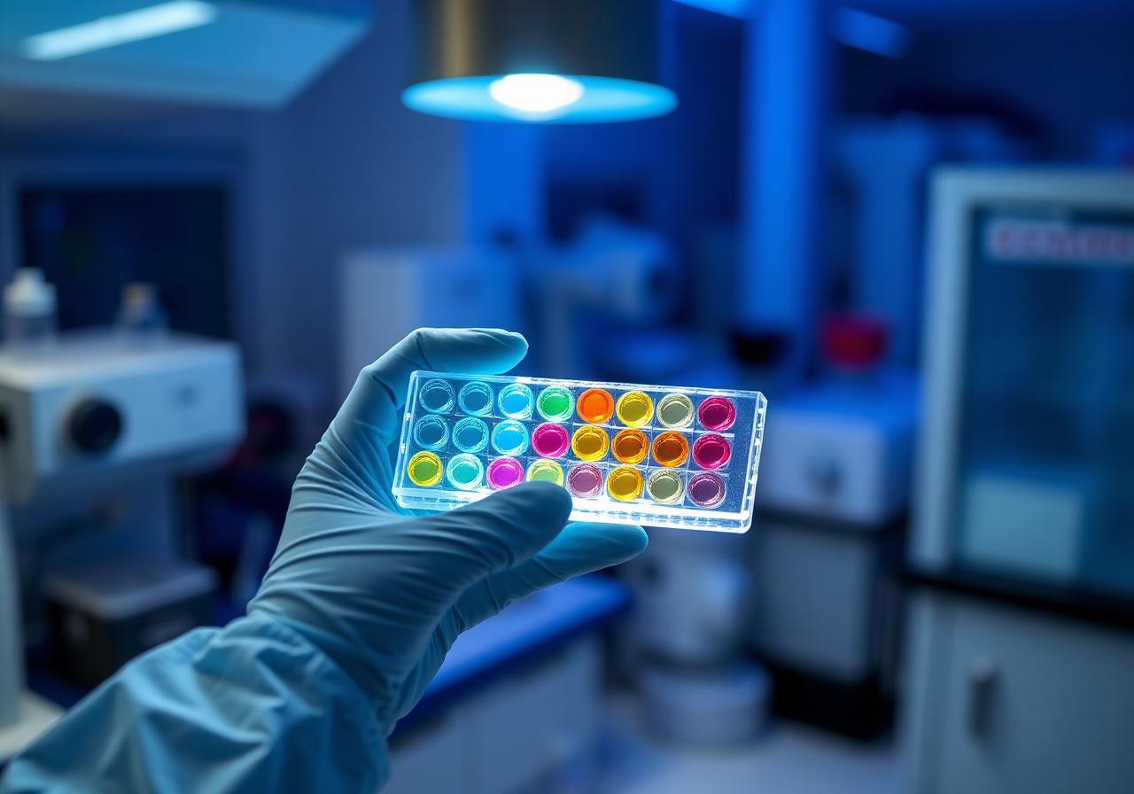 Gloved scientist in a clinical lab holding a microplate of biomarker samples under blue light