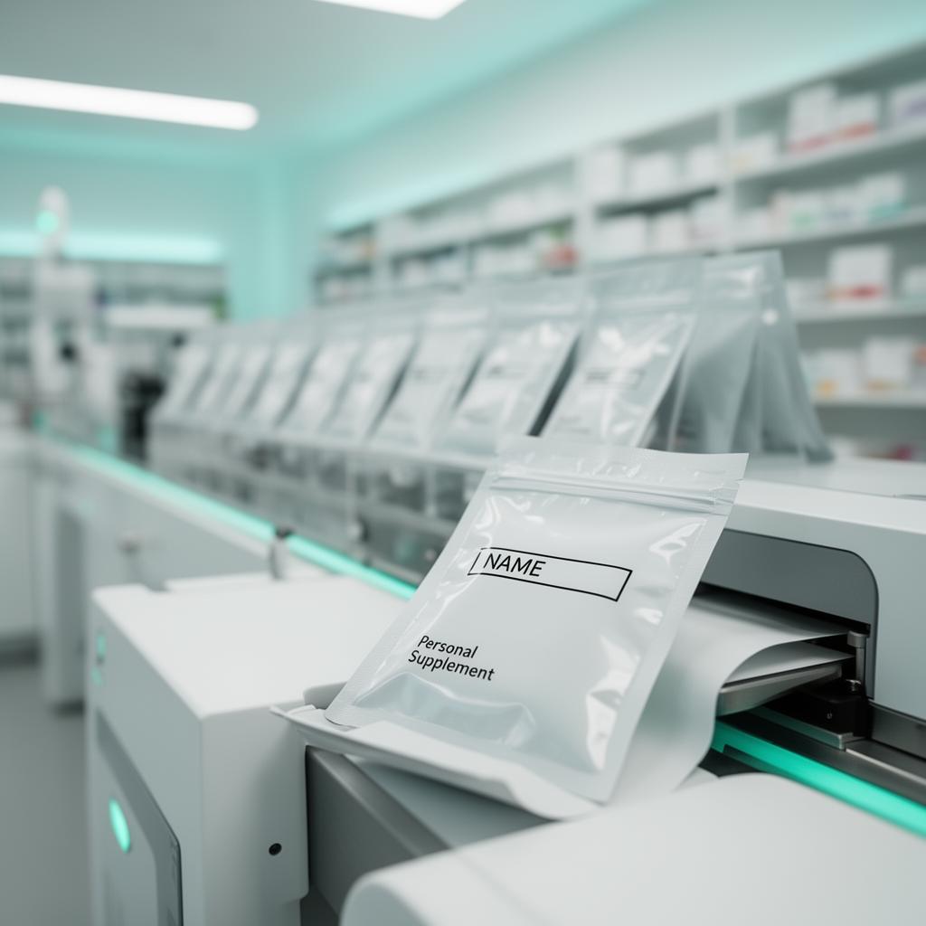 Personalized supplement sachet emerging from ChronoPack's automated pharmacy line