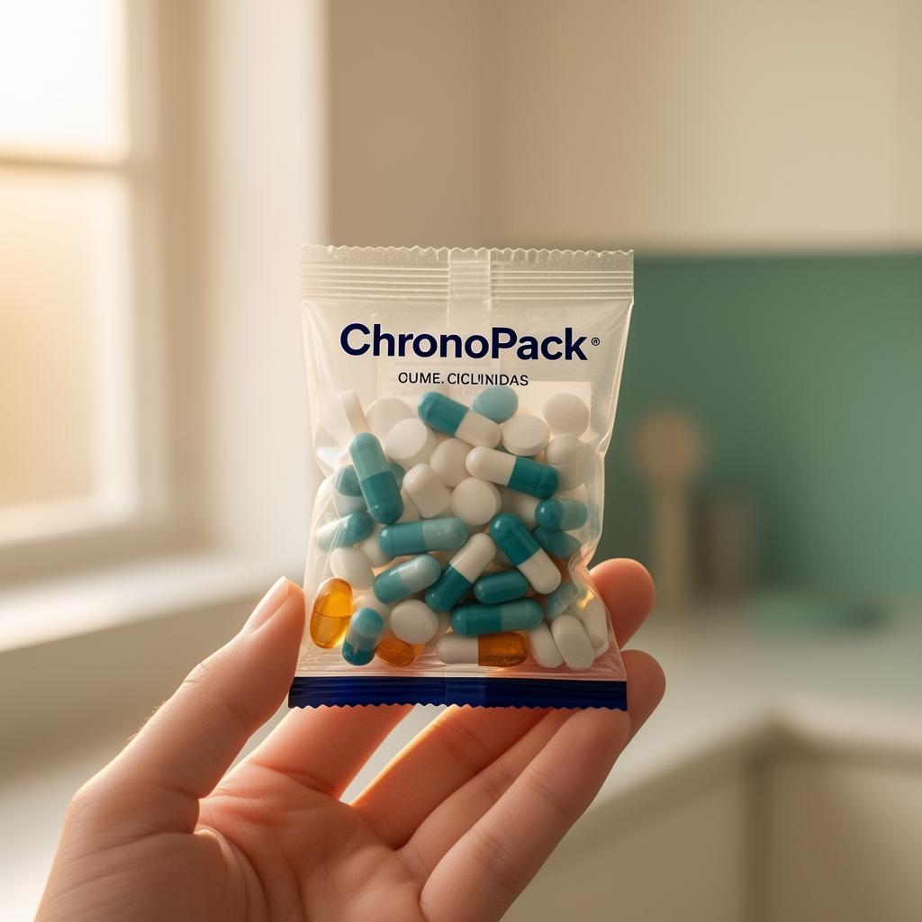 Close-up of a clear ChronoPack sachet filled with personalized supplements